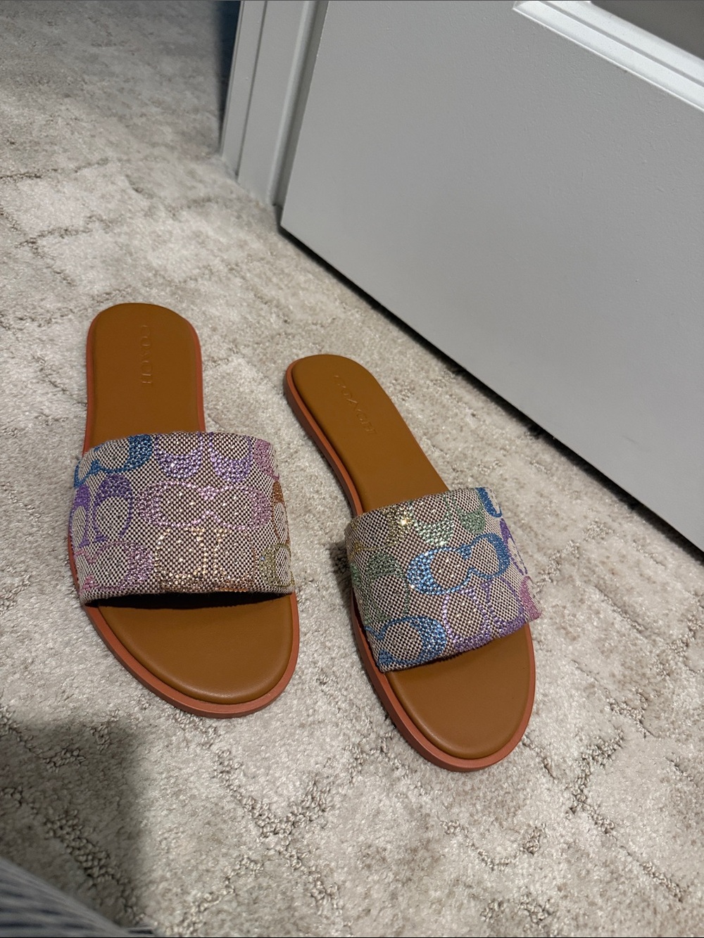 Coach Multicolor Signature Fabric Slide Sandals with Tan Footbed